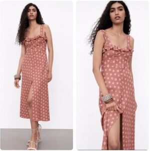 Zara Floral Linen Midi Ruffle Dress | Medium